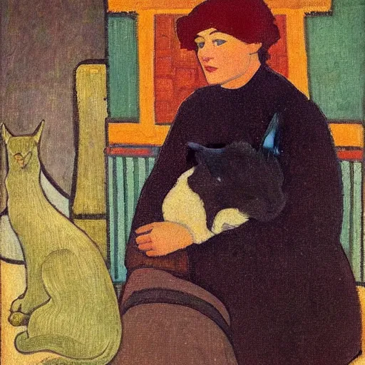 Prompt: portrait with a cat ; maurice denis ; symbolism ; 1 9 0 8