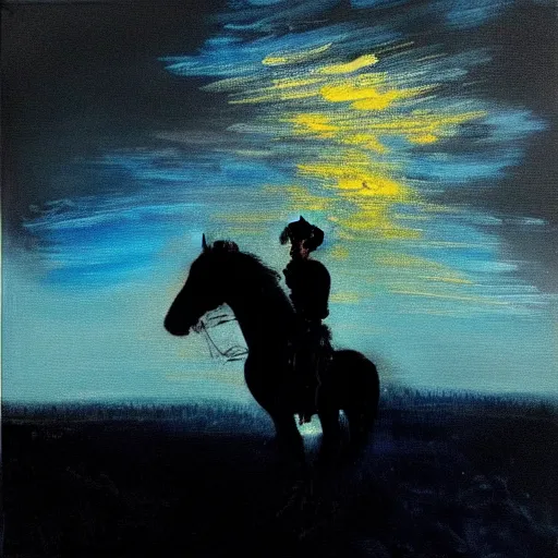 Prompt: a painting of a silhouette of a cowboy riding a horse into the dark horizon, high contrast, black and blue color scheme, dark, creepy, night, far away, in the distance, in the style of Monet