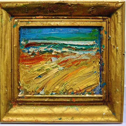 Image similar to oil paint impasto relief, beautiful italian beach scene, multi layered thick brush marks, some splattered paint, in the style of van gogh and frank auerbach and francis bacon