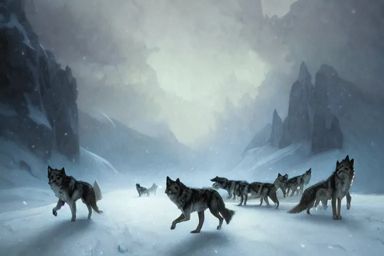 Prompt: a pack of wolves walking in a terrible snowstorm, luminous sky, by greg rutkowski and alphonse mucha, gradient brown to white, rocky mountains background, highly detailed landscape, digital painting, artstation, concept art, smooth, sharp focus illustration