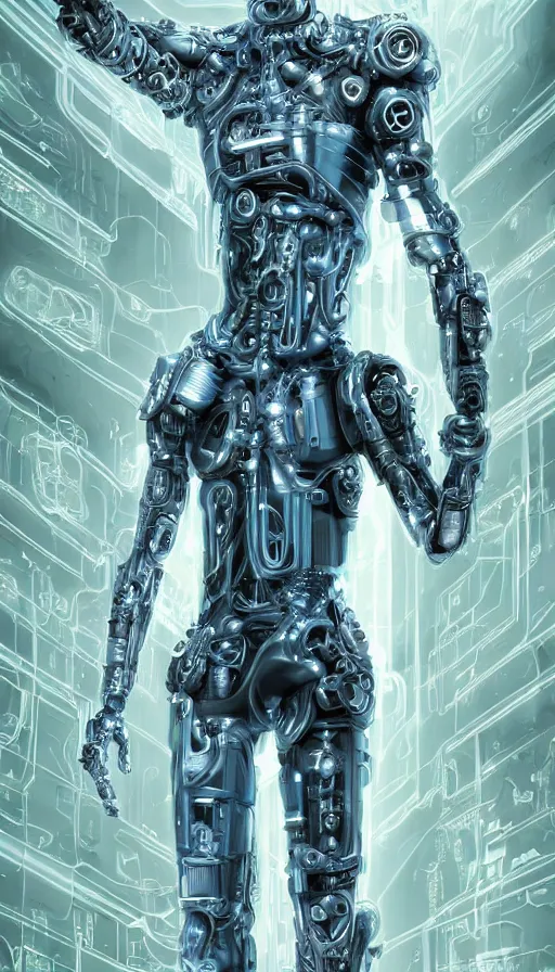 Image similar to full body head to toe portrait of a cyberpunk sci-fi cyborg netrunner bionic man, third person, D&D, sci-fi fantasy, matrix , intricate, white with shiny silver and chartruse fringe highlights, highly detailed, art by Range Murata, highly detailed, 3d, octane render, bright colors, digital painting, trending on artstation, sharp focus, illustration style of Stanley Artgerm, dramatic background