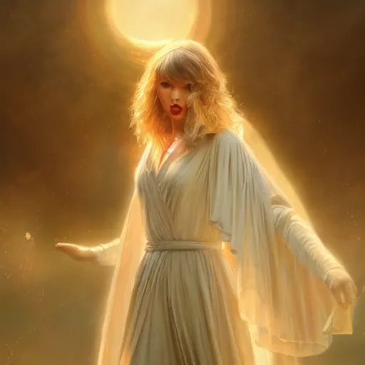 Image similar to taylor swift as a heavenlh angel showing seeds of happiness, clear face, focus, magical world, by greg rutkowski, sung choi, photo realistic, 8 k, cinematic lighting, hd, atmospheric, hyperdetailed, trending on artstation, devainart, digital painting, glow effect