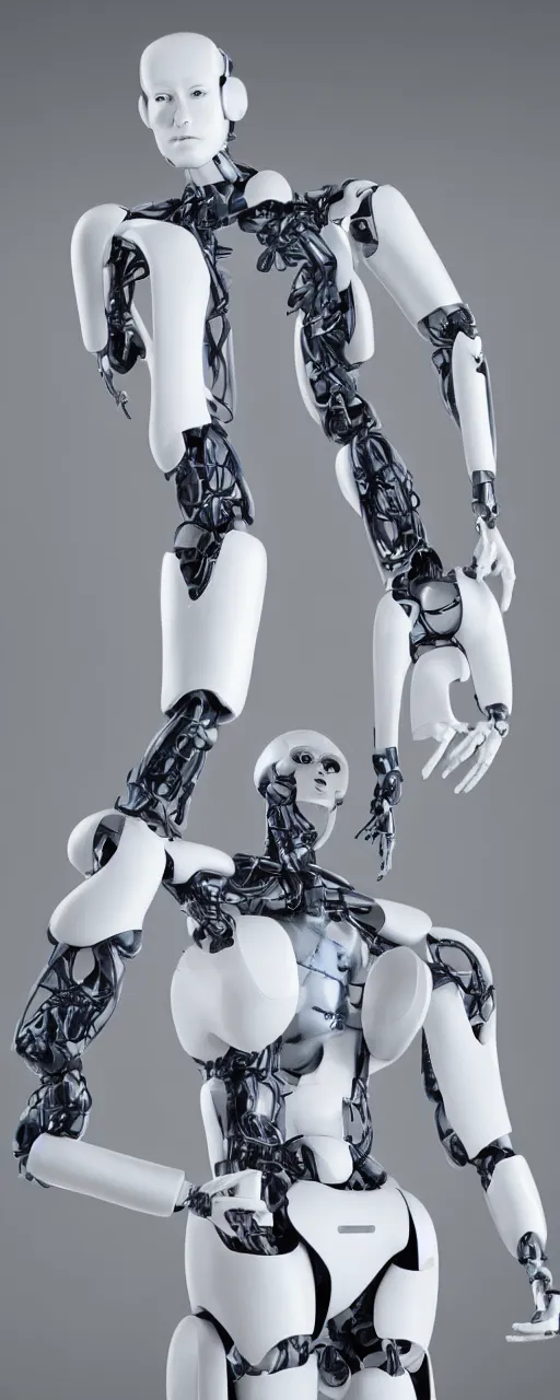 Image similar to a very realistic and high detailed portrait of a humanoid robot in human body form standing in front white background