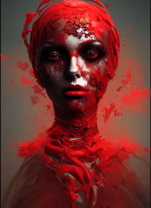 Prompt: digital art of a beautiful lady half necromancer, made of red gucci fabric, dust particles, broken metal and black smoke, hyper realistic portrait full of details, canon eos, zbrush, artstation, greg rutkowski