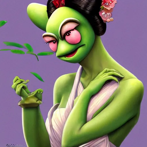 Prompt: organic seductive Geisha Kermit the Frog from Sesame Street, pearlescent skin, diffuse lighting, fantasy, intricate, elegant pose, highly detailed, lifelike, photorealistic, digital painting, artstation, illustration, concept art, different full body view, smooth, sharp focus, art by John Collier and Albert Aublet and Leonardo da vinci and Krenz Cushart and Artem Demura and Alphonse Mucha