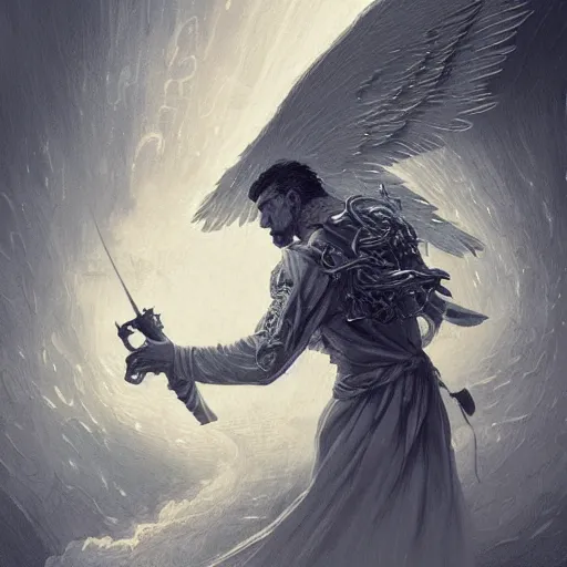 Prompt: angel protecting man, detailed intricate ink illustration, dark atmosphere, detailed illustration, hd, 4k, digital art, overdetailed art, by greg rutkowski, by loish, complementing colors, Trending on artstation, deviantart