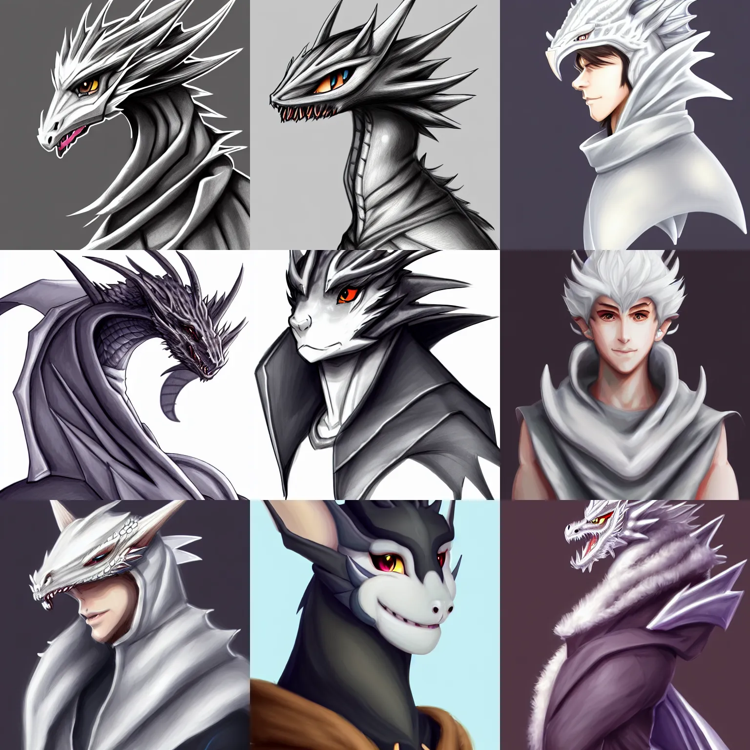 Image similar to very very beautiful half body side angle portrait of a handsome young anthropomorphic silver dragon, soft draconic features, cute eyes, wearing a luxurious silk cloak, commission on furaffinity, artstation, high quality sketch, warm colors