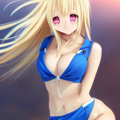 Image similar to a very beautiful young anime giantess fcrying, full body, long wavy blond hair, sky blue eyes, full round face,, bikini, miniskirt, front view, mid - shot, highly detailed, cinematic wallpaper by stanley artgerm lau
