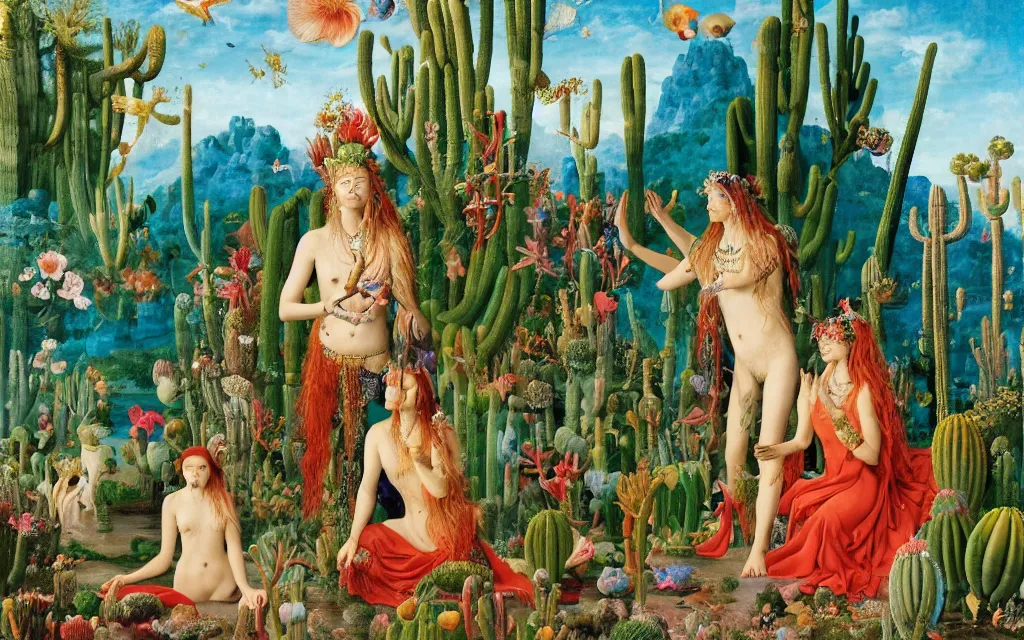Image similar to a portrait photograph of a meditating mermaid shaman and a centaur prince feeding tropical animals at a wide river delta. surrounded by bulbous flowers, animals, trees and cacti. mountain range under a vast blue sky of burning stars. painted by jan van eyck, max ernst, ernst haeckel and artgerm, cgsociety, artstation, fashion editorial