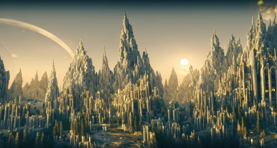 Image similar to majestic futuristic elf city made of white stone and decorated with gold, plants and trees, flying cars, angels flying around, epic buildings in the center, light clouds, cinematic sky, sunset, 8 k, unreal engine 5, sharp