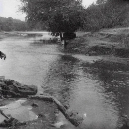 Prompt: A man taking a selfie in front of a river bank, 1922, film grain