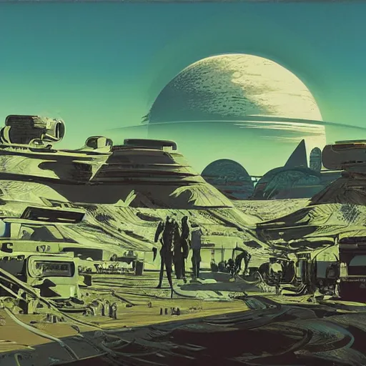 Image similar to post apocalyptic planet by syd mead