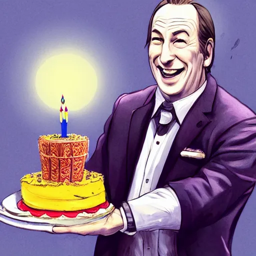 Prompt: bob odenkirk, smiling, holding a birthday cake, anime art, trending on artstation