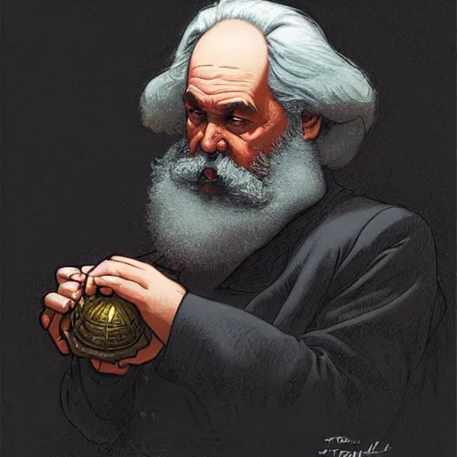 Image similar to Karl Marx pondering his orb, highly detailed, digital painting, artstation, concept art, smooth, sharp focus, illustration, art by todd lockwood and magalie villeneuve and alan lee and artgerm and greg rutkowski and alphonse mucha