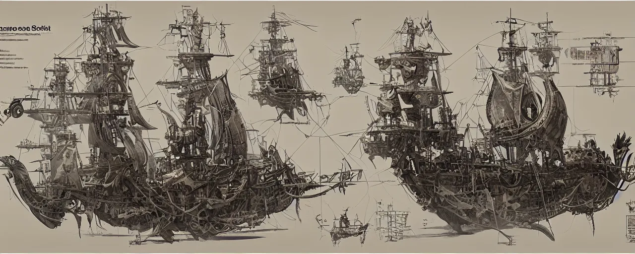 Prompt: schematic diagram of pirate ship, built, book, page, detailed, cross section, trending on artstation, cgsociety, Ralph McQuarrie and Greg Rutkowski