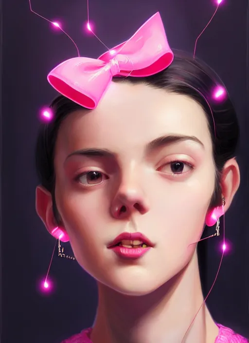 Image similar to portrait of high school girl, realistic, black hair, bangs, half updo hairstyle, pointy nose, skinny, smile, ugly, defined jawline, big chin, pink hair bow, earrings, intricate, elegant, glowing lights, highly detailed, digital painting, artstation, sharp focus, illustration, art by wlop, mars ravelo and greg rutkowski