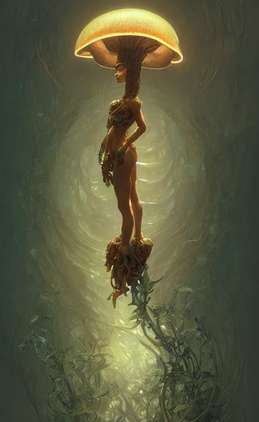 Prompt: a humanoid mushroom creature, humanoid shape, full body, intricate, highly detailed, digital painting, artstation, concept art, sharp focus, cinematic lighting, illustration, art by artgerm and greg rutkowski, alphonse mucha, cgsociety