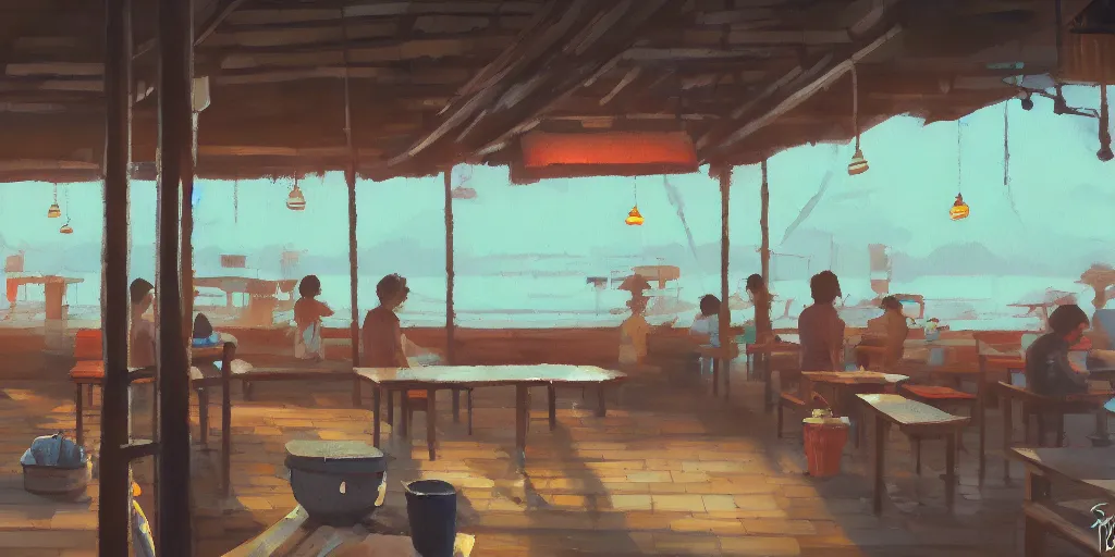 Image similar to interior of a small kopitiam at pulau indah fishing village, near a jetty, early morning, detailed painting, low angle view, telephoto lens, bokeh, hayao miyazaki, studio ghibli, artstation