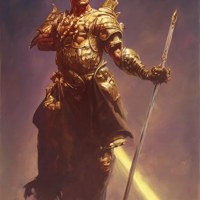Prompt: an aesthetic! a detailed portrait of a man with a crown, holding a scepter by frank frazetta oil on canvas, dungeons and dragons art, hd, god - rays, ray - tracing, crisp contour - lines, huhd