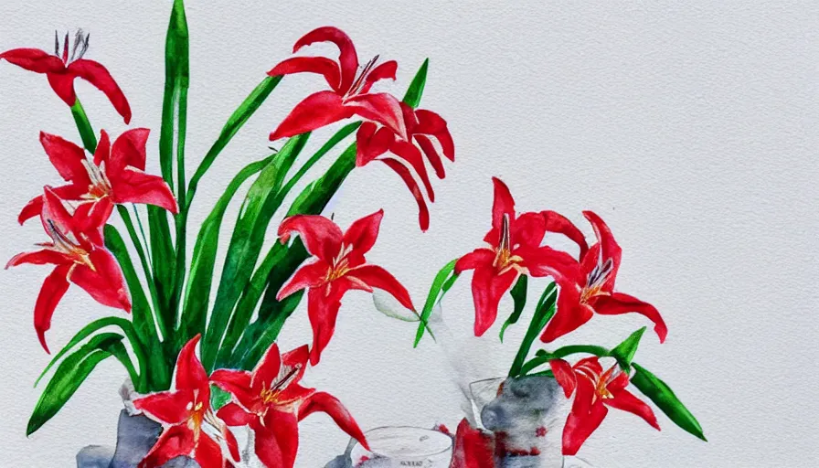 Prompt: watercolor painting of red lilies on white paper, bright, white table, white walls