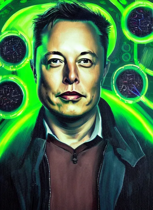 Prompt: portrait of a elon musk surrounded by bioluminescent green computers with hacker code, detailed realism face in painting, detailed beautiful portrait, oil painting masterpiece, 8 k resolution, smooth, sharp focus, trending on artstation, by rembrandt