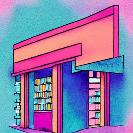 Image similar to art deco vaporwave watercolor illustration of a bookstore, in pastel and bright colors