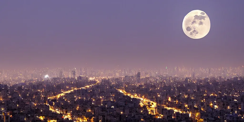 Image similar to tehran skyline in a winter night, full moon in the sky, two lovers kissing