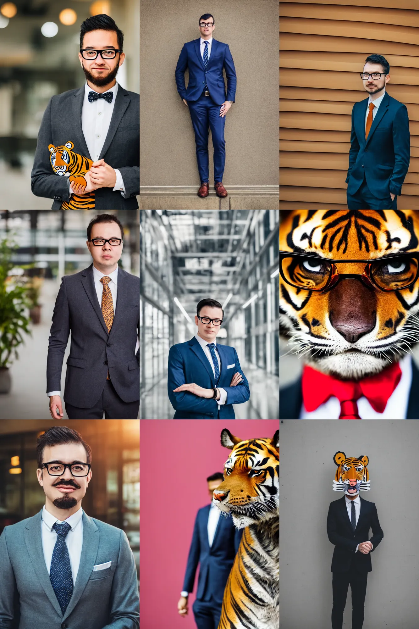 Prompt: high quality portrait photo of a business tiger dressed in a suit and tie, !!wearing glasses!!, !Anthropomorphic!, photography 4k, f1.8 bokeh, 4k, 85mm lens, sharp eyes, looking at camera