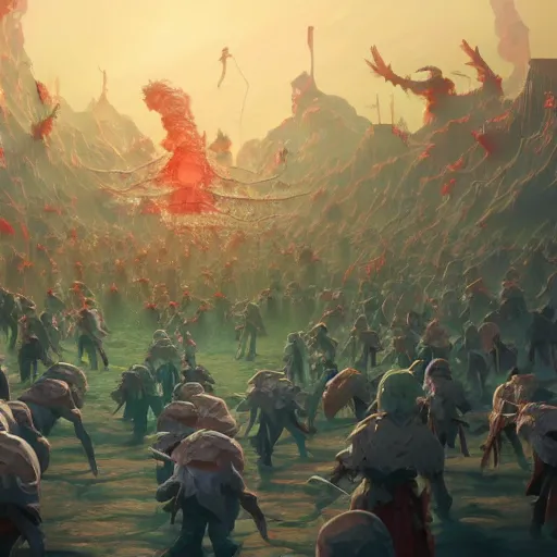 Prompt: A highly detailed painting of a Wizard fighting a horde of undead warriors, by Studio Ghibli, Makoto Shinkai, by Artgerm, by beeple, by Greg Rutkowski, volumetric lighting, octane render, 4K resolution, trending on artstation, masterpiece