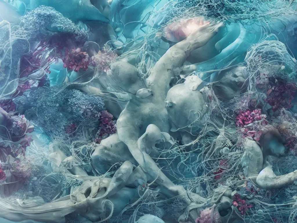 Image similar to a sculpture of ocean shark intertwined, a lovely cornucopia of flowers and human body parts, jellyfish, highly detailed, octane render, cinematic, shock, sharp focus