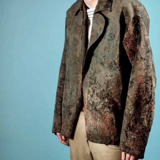 Image similar to an award - winning closeup photo of a male model wearing a baggy teal distressed medieval cloth menswear jacket by raf simons, 4 k, studio lighting, wide angle lens