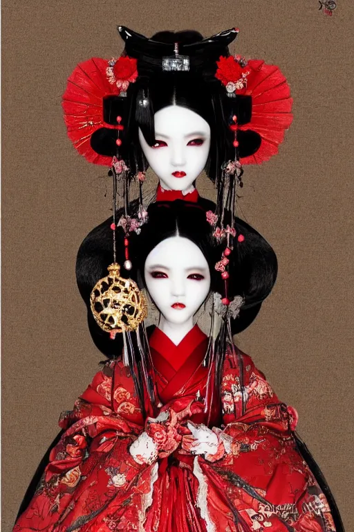 Prompt: avant - garde japanese bjd geisha vampire queen in victorian red dress in the style of dark - fantasy lolita fashion painted by yoshitaka amano, takato yamamoto, jgustav klimt, dmt art, symmetrical vogue face portrait, volumetrics, intricate detail, artstation, cgsociety, artgerm, gold skulls, rococo