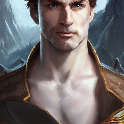 Image similar to plucky charming white male rogue, naval background, fantasy, D&D 5e, 5th edition, portrait, piercing stare, highly detailed, digital painting, HD, artstation, concept art, matte, sharp focus, illustration, art by artgerm and greg rutkowski