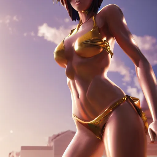 Image similar to anime girl in bikiniportrait of anatomy gold statue reflect chrome, 8 k uhd, unreal engine, octane render in the artstyle of finnian macmanus, john park and greg rutkowski