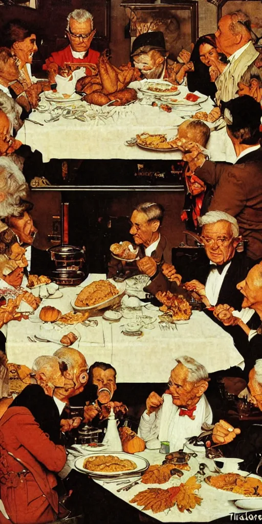 Image similar to the mars rover eating thanksgiving dinner at the head of the table norman rockwell painting