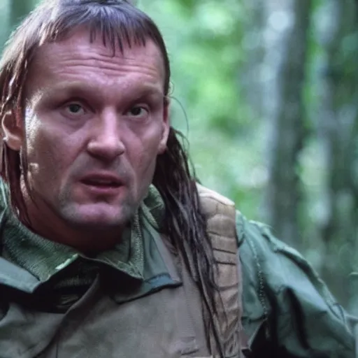 Prompt: Tomasz Karolak in movie predator, movie still