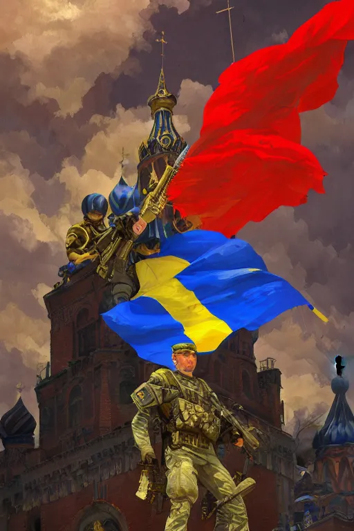 Image similar to special forces soldier installin ukrainian blue and yellow flag on red square kremlin, masculine figure, d & d, fantasy, bright atmosphere, volumetric lights, intricate, elegant, extremely detailed, digital painting, artstation, concept art, matte, smooth, sharp focus, hyper realistic, illustration, art by artgerm and greg rutkowski and alphonse mucha