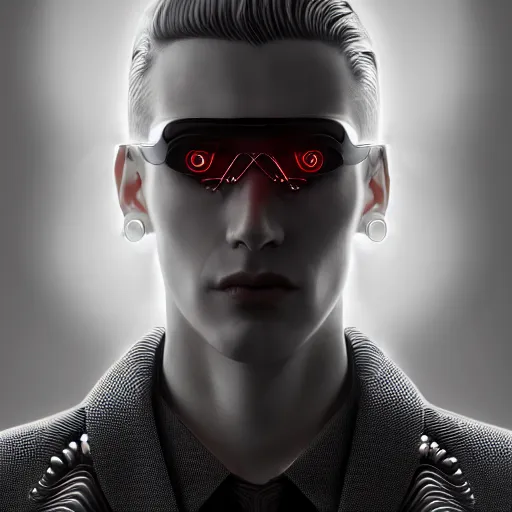 Prompt: portrait of an absurdly handsome, clean shaven, sophisticated, fashionable male cyberpunk mechanoid, hyperdetailed illustration, irakli nadar, matt wisniewski style, intricate linework, male fashion photography, porcelain skin, jellyfish headband, unreal engine 5 highly rendered, artstation, radiant light, detailed and intricate environment