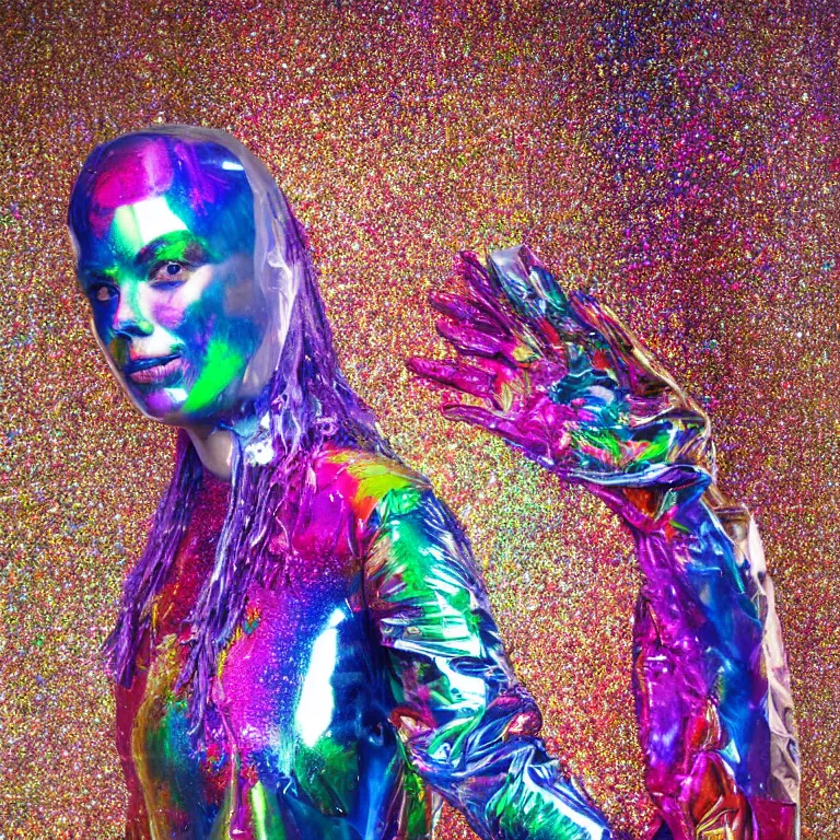 Image similar to octane render portrait by wayne barlow and carlo crivelli and glenn fabry, a woman wearing a clear plastic suit full of colorful thick fluid full of glitter, standing in front of a giant sheet of tie - dye aluminum foil, cinema 4 d, ray traced lighting, very short depth of field, bokeh