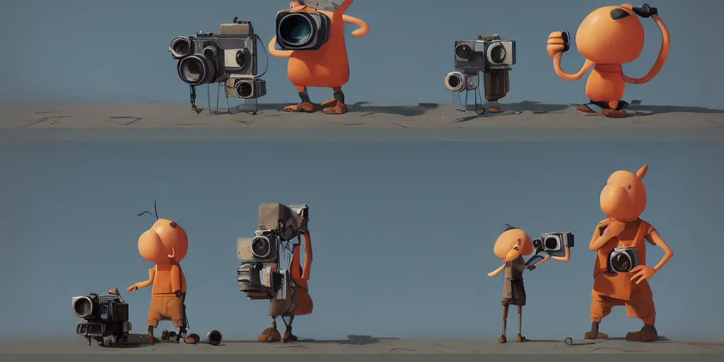 Prompt: Cartoon character photographer taking pictures with old camera by Goro Fujita and Simon Stalenhag, 8k, trending on artstation, hyper detailed, cinematic