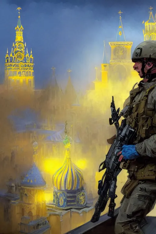 Image similar to special forces soldier installin ukrainian blue and yellow flag on red square kremlin, masculine figure, d & d, fantasy, bright atmosphere, volumetric lights, intricate, elegant, extremely detailed, digital painting, artstation, concept art, matte, smooth, sharp focus, hyper realistic, illustration, art by artgerm and greg rutkowski and alphonse mucha