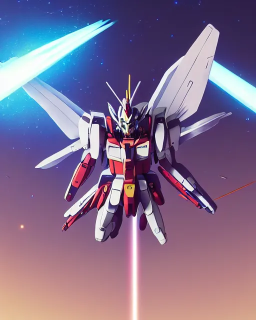 Image similar to highly detailed vfx portrait of a gundam with wings of feathers beam saber fighting in space with a beam gun, unreal engine, greg rutkowski, loish, rhads, beeple, makoto shinkai and lois van baarle, ilya kuvshinov, rossdraws, tom bagshaw, alphonse mucha, global illumination, detailed and intricate environment