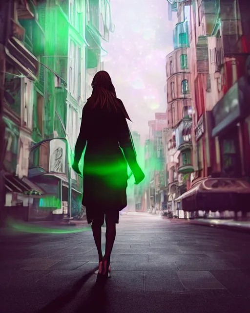 Prompt: a woman made of uranium glass walking down a city street, photorealistic digital painting, many small details and reflections, eerie, supernatural, artstation trending, artgerm, 5 k, octane render, nvidia