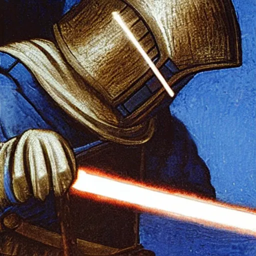 Prompt: a paint of a knight welding a blue lightsaber by Leonardo da Vinci