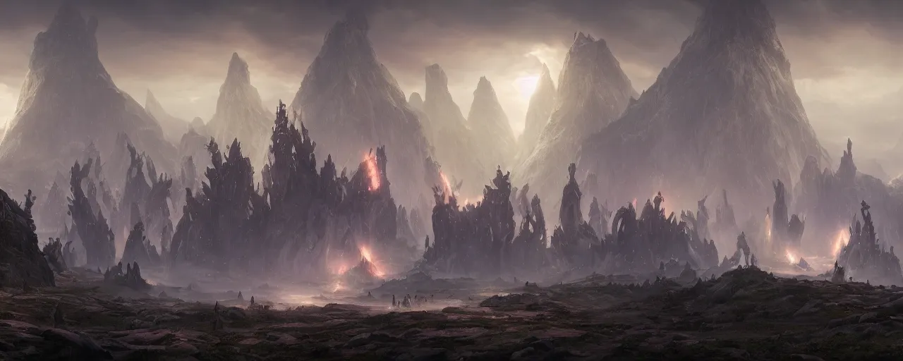 Image similar to mysterious fantasy kingdom of lost elves on another planet, [ cinematic, detailed, epic, widescreen, opening, establishing, mattepainting, photorealistic, 4 k, octane render, art by greg rutkowski ]