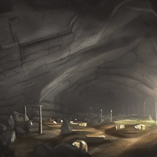 Prompt: underground cavernous necropolis with a lone beam of light illuminating it, digital painting, cinematic lighting, photorealistic