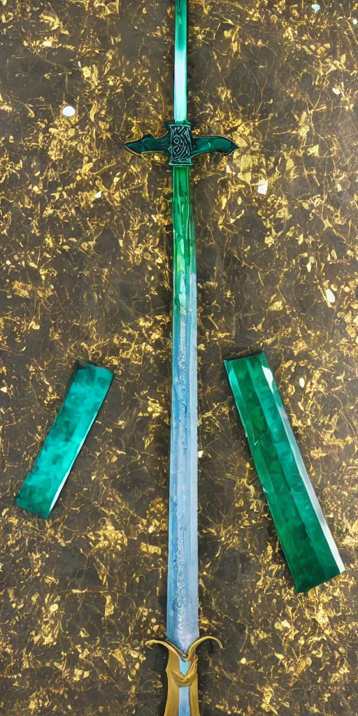 Image similar to photograph of a large green and teal crystal sword with a gold sword hilt