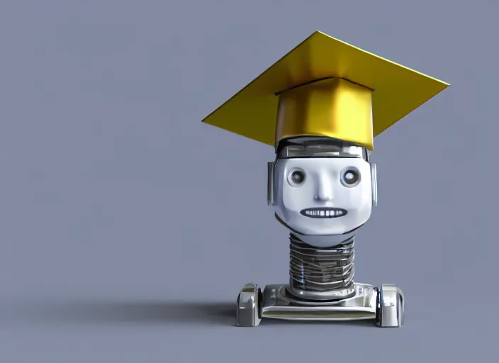 Image similar to professional illustration of the robot in graduation hat, sharp, hyperrealism rendered in blender and octave render 4K