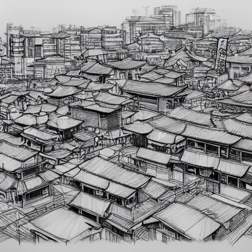 Image similar to highly detailed sketch of a distorted japanese neighborhood in the style of kim jung gi