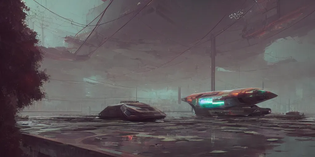 Image similar to scifi soviet cargo spaceship in heavy armor, liminal space around, puddles of water, by simon stalenhag, by ian pesty and alena aenami and makoto shinkai, concept art, matte painting, washed colors,